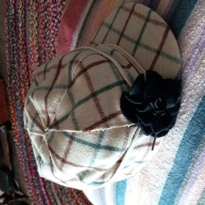 Cream Plaid Stormy Cromer Wool Hat Women's Sz 7 with Deep Green Felt Flower